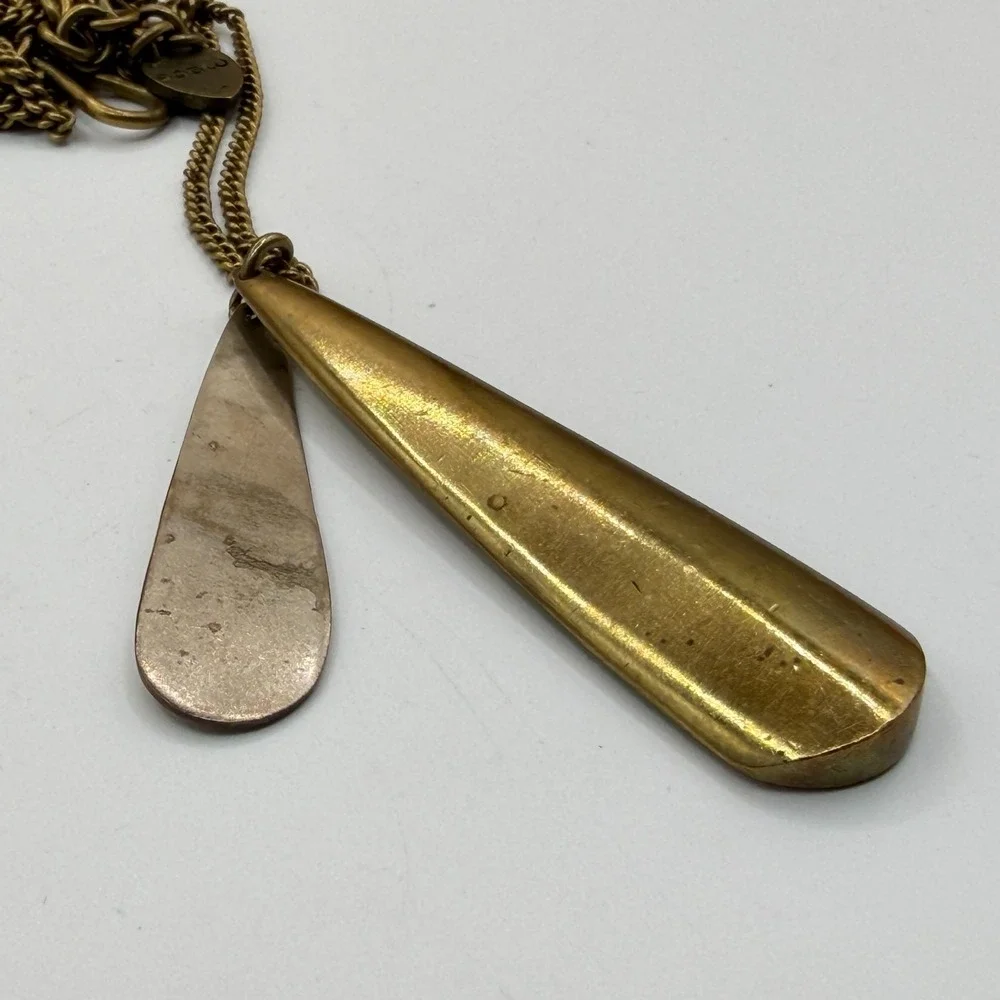 Antique Gold Tone Double Teardrop Pendant Long Chain Statement Necklace Gift